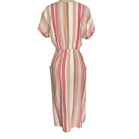 Lush Pink Striped Linen Button Front Tie Cut Out Midi Dress - Picture 5 of 8